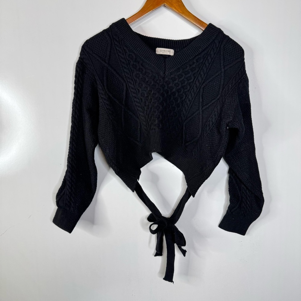 3.3 Field Trip Black Cable Knit Tie Back Cropped‎ Sweater
